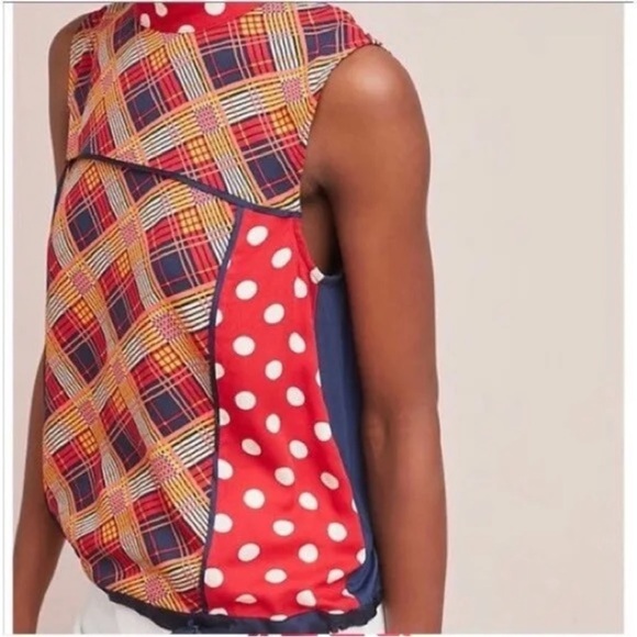 ANTHROPOLOGIE top, mixed fabric, satin ribbon details, red polka dot, navy. - Picture 8 of 10